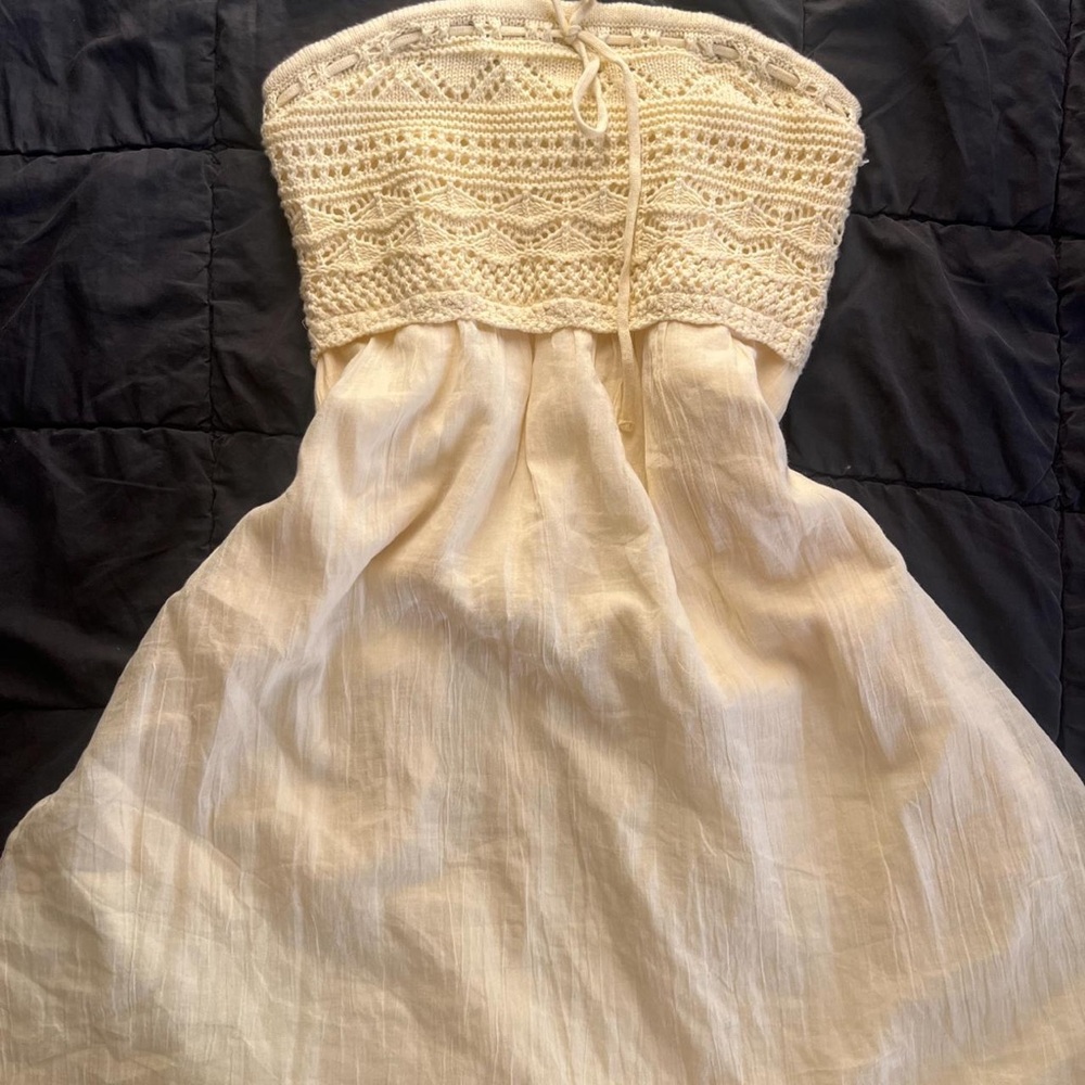 Strapless Crochet-Bodice Cream Maxi Dress